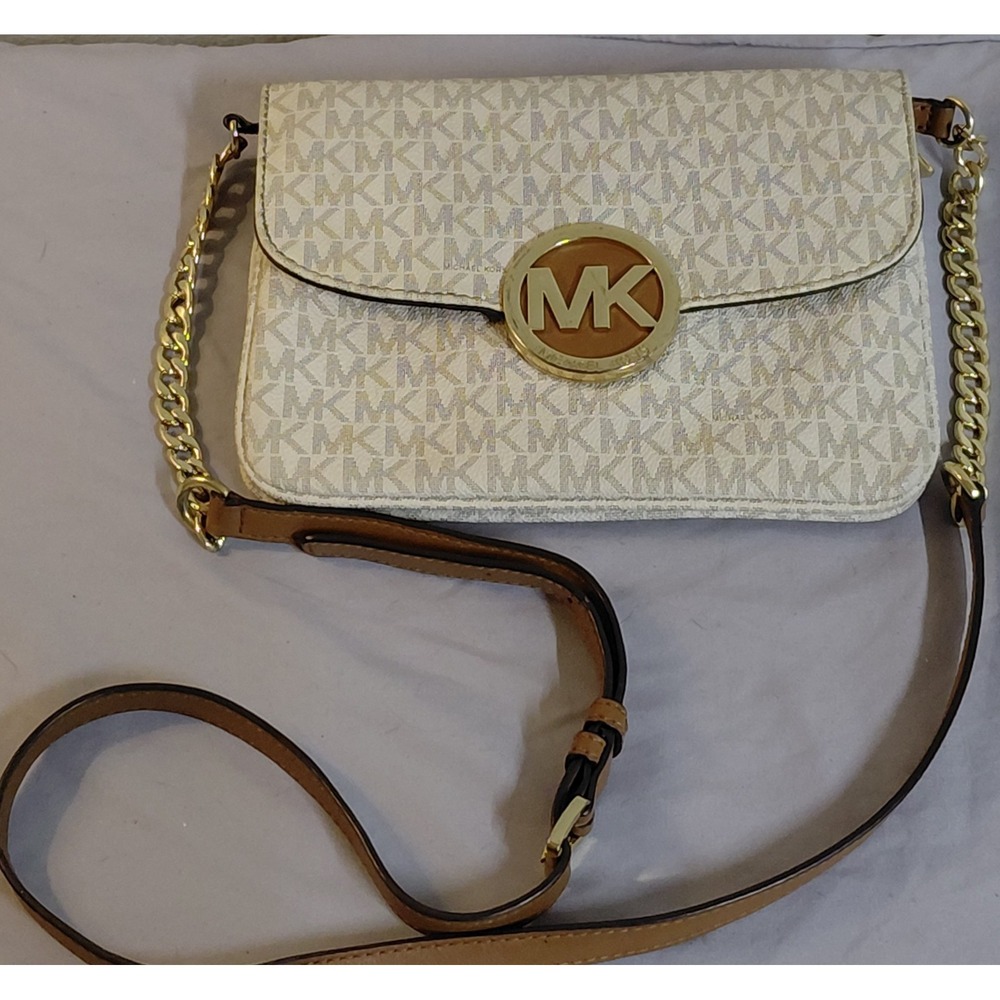 Michael Kors Fulton Large Flap Crossbody Bag Vanilla MK Monogram Leather Gold